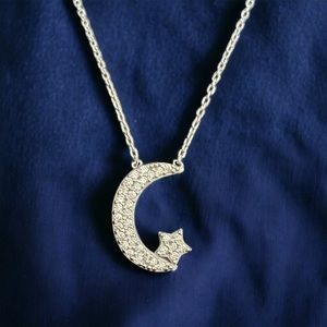 925 Sterling Silver Sparkling CZ moon with Star Necklace Charm Pendant celestial